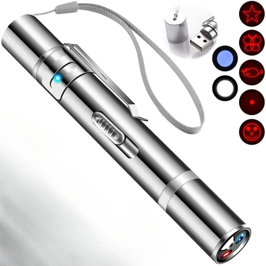 Interactive Pet Laser Pointer Toy Rechargeable for Cats and Dogs LED Light 5 Switchable Patterns Indoor Exercise Play Boredom