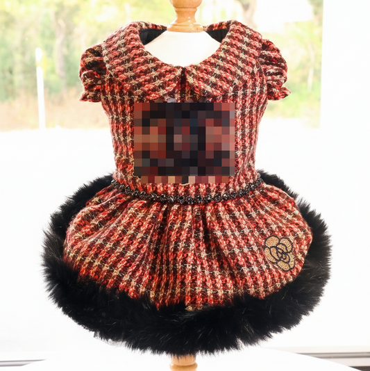 Red Tweed Pet Dress with Faux Fur Hem