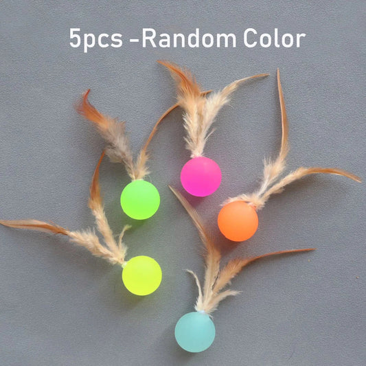 5pcs Funny Cat Elastic Ball Toy Interactive Balls Pet Supplies Feather Football Toys Dog Playthings Kitten