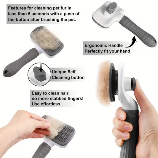 Ergonomic Handle Self Cleaning Pet Brush Round Tip Needles Massage for Dogs Cats 20cm