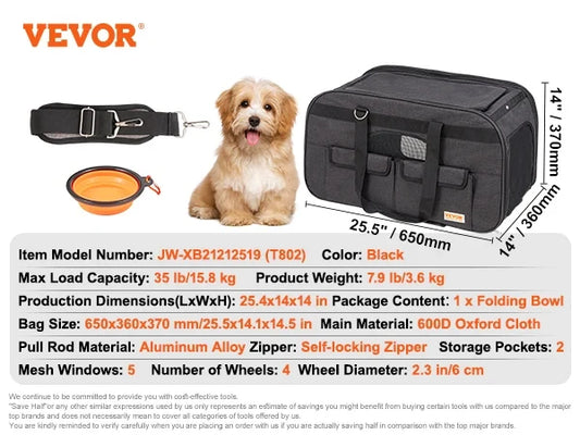 SucceBuy Pet Cat Carrier Breathable Outgoing Dog Carry Backpack with Telescopic Handle Wheels and Shoulder Strap for Travel Trip