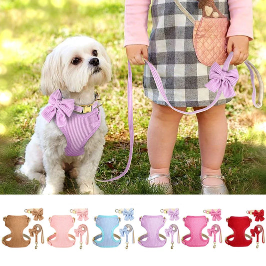 3pcs/set Dog Collar Harness and Leash Cute Bowknot Dogs Buckle Collars Pet Vest Harness Lead Leash Small Medium Dogs Pink Bowtie