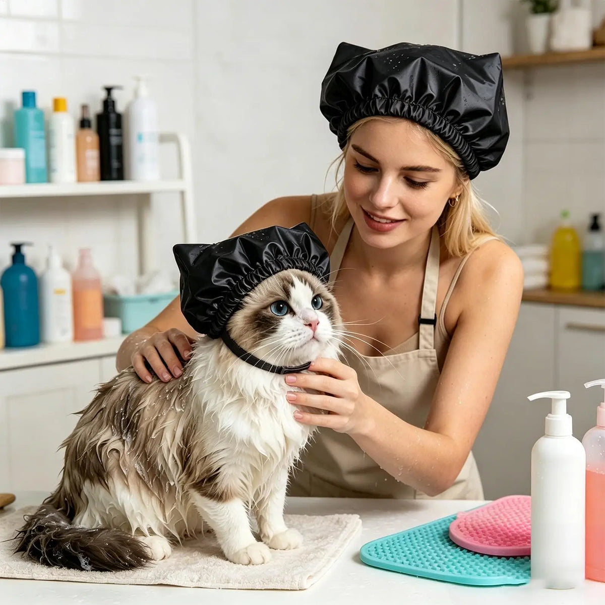 Cat Ear Covers For Bath Waterproof Reusable Adjustable Straps Cat Bathing Hat For Kittens Puppies Home Salon Grooming Swimming