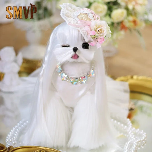 Pet Strawberry Hat Hair Clip Floral Lace Ruffle Decorative Headwear for Dogs Cats Vintage Style Photo Prop Accessory Pet Hat