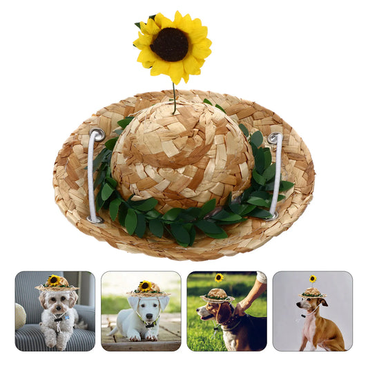 1Pcs Pet Straw Hat Sunflower Sunhat Adjustable Elastic Pet Photo Prop Perfect for Birthday Party Daily Life Dog Cat Rabbit