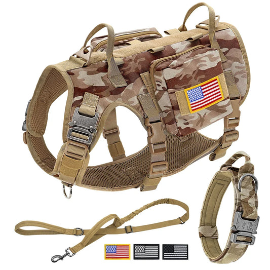Tactical Dog Harness Collar Leash Set Military Training Pet Vest with Pouches Flags Durable Collars for Big Dogs German Shepherd