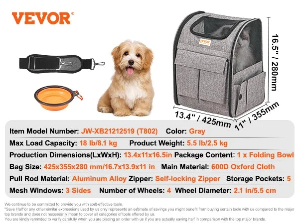SucceBuy Pet Cat Carrier Breathable Outgoing Dog Carry Backpack with Telescopic Handle Wheels and Shoulder Strap for Travel Trip