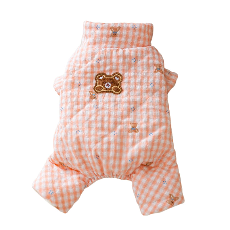 Cute Korean Cartoon Checkerboard Pattern Bear Full-printed Four-legged Cotton Coat For Dogs In Autumn And Winter, Teddy Pet Clothes For Cats