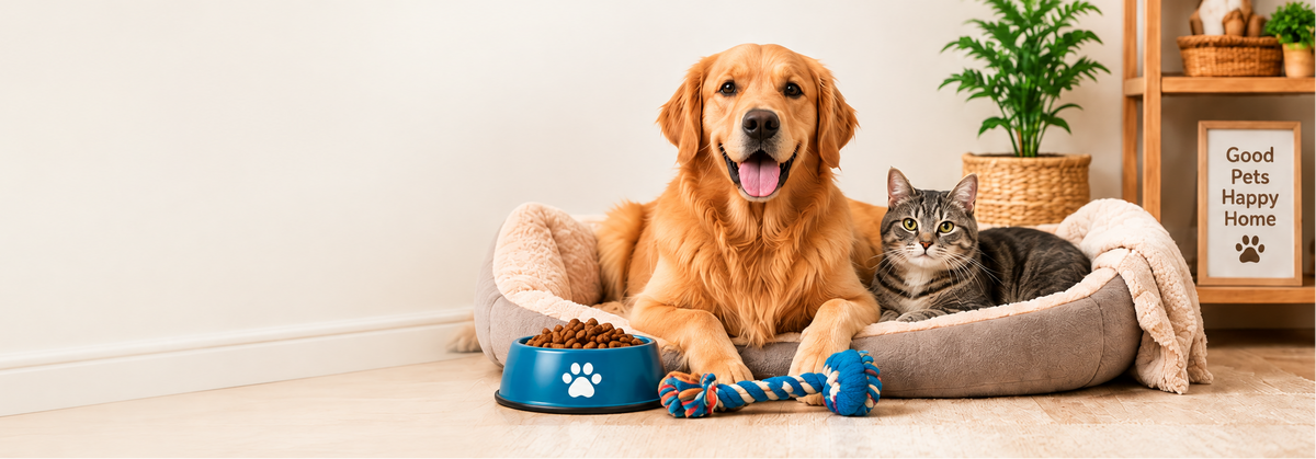 Happy dog and cat with pet accessories